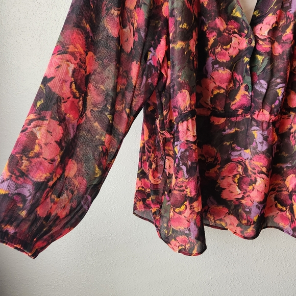 JESSICA SIMPSON Long Sleeve Layered Sheer Floral Drawstring Waist Chic Blouse - Picture 3 of 8